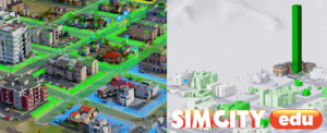 Screenshot of SimCity EDU next to a logo of the game with SimCity EDU superimposed on top