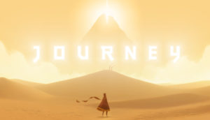 Desert landscape with a single figure in the foreground and the word Journey superimposed over the top