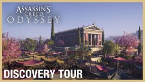 Fictional view of Ancient Greece with Assassin's Creed Odyssey and Discovery Tour superimposed on top