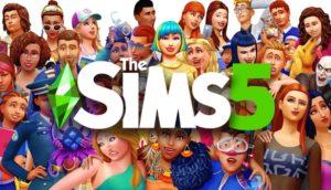Groups of colorful and animated fictional people of many types with The Sims 5 superimposed on top